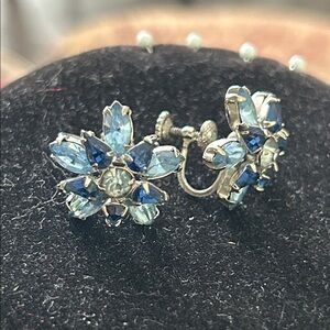 Floral Blue Crystal Screw-Back Earrings